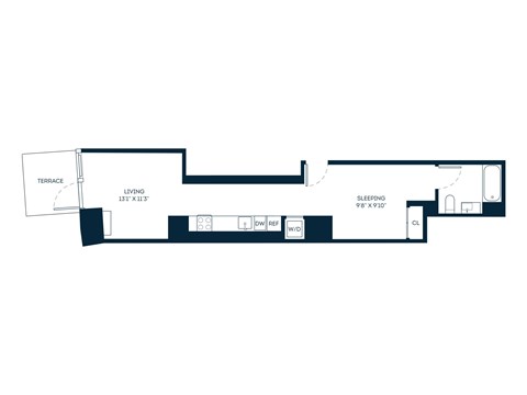 Floor plan for studio, 1 bath, 527 sqft